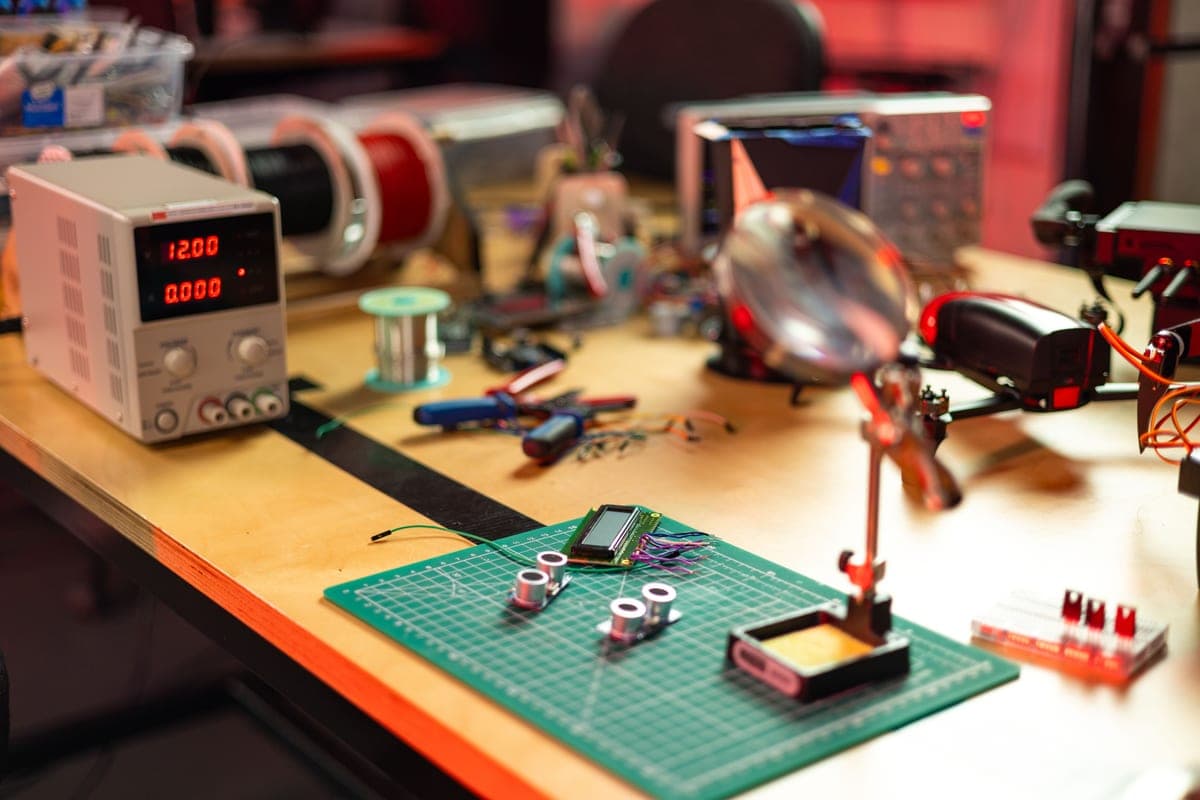 Electronic components and wires on a workbench